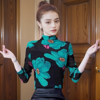 酷伽春秋半高领打底衫欧洲站设计感时尚印花洋气长袖上衣9672