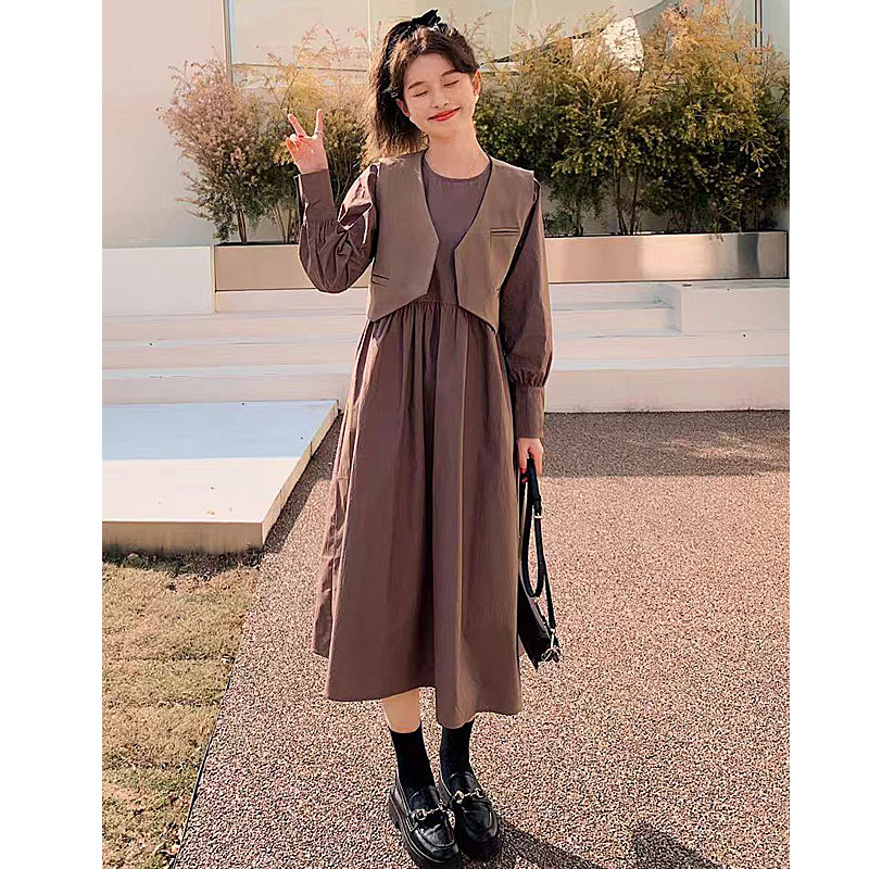 秋装气质长袖连衣裙马甲时尚两件套 3715TZ