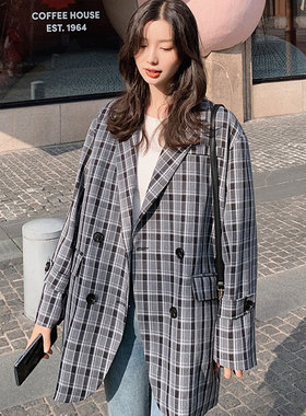 酷伽西装外套女春秋短款新款韩版chic设计感格子小西服7722