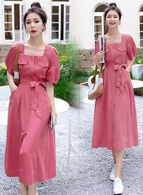 纯色气质方领连衣裙72216LYQ 送腰带