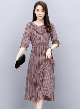 酷伽秋装新款时尚复古优雅韩版中长款雪纺花色连衣裙6607