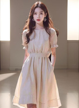 梦中女孩香槟米杏色 浪漫名媛收腰夏季气质连衣裙8129LYQ