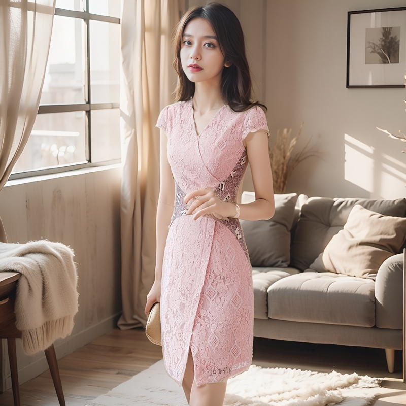 酷伽夏季简约蕾丝V领中腰修身通勤套头休闲连衣裙女1108