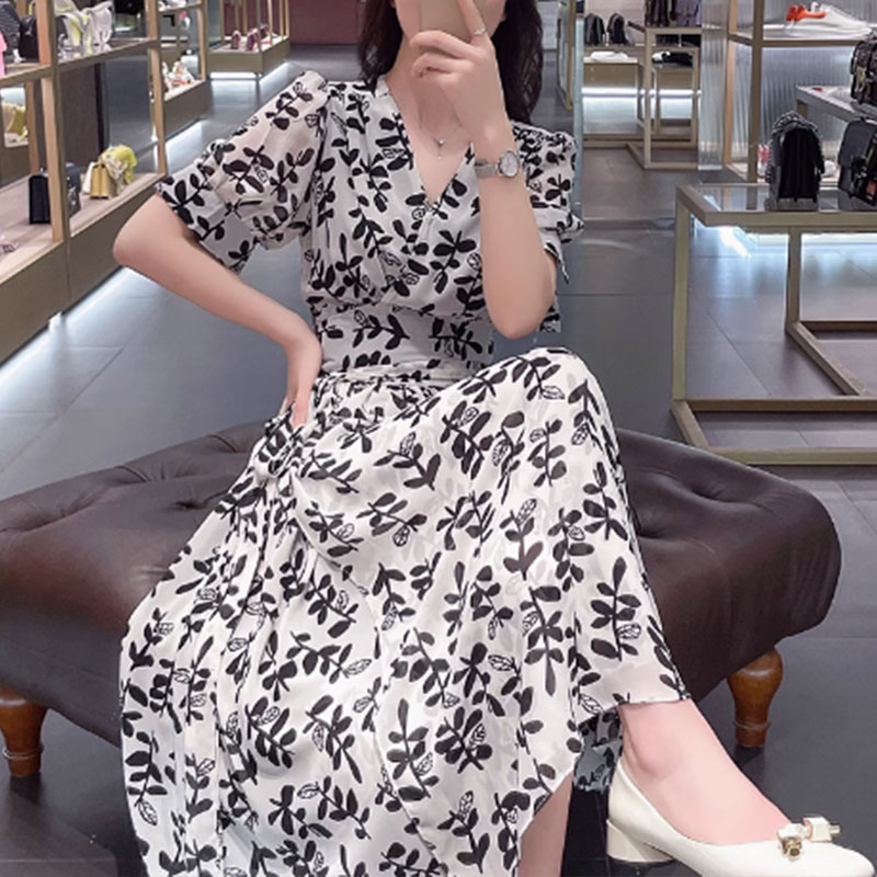 白底印花气质大裙摆夏季收腰印花连衣裙1316LYQ