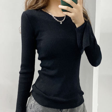 酷伽春秋新款修身打底衫女开叉长袖T恤设计感小众针织上衣6101
