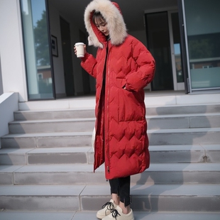 加厚中长款 过膝羽绒红色棉服女冬季 2024新娘结婚回门本命新年棉衣
