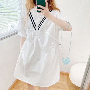 酷伽短袖直筒遮肉森系小个子桔梗初恋收腰显瘦气质裙子条纹拼接