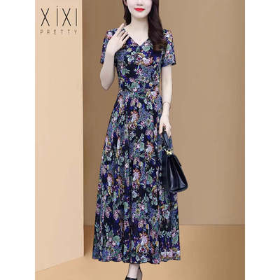 中年妈妈高端奢华雪纺碎花大裙摆夏季气质  连衣裙119LYQ