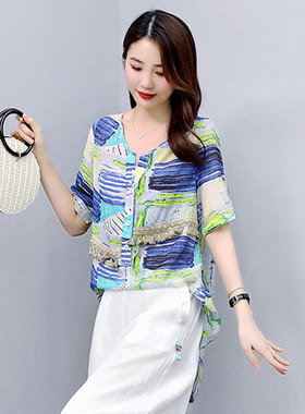 酷伽港味复古衬衫女夏季新款时尚韩版印花不规则衬衣7074