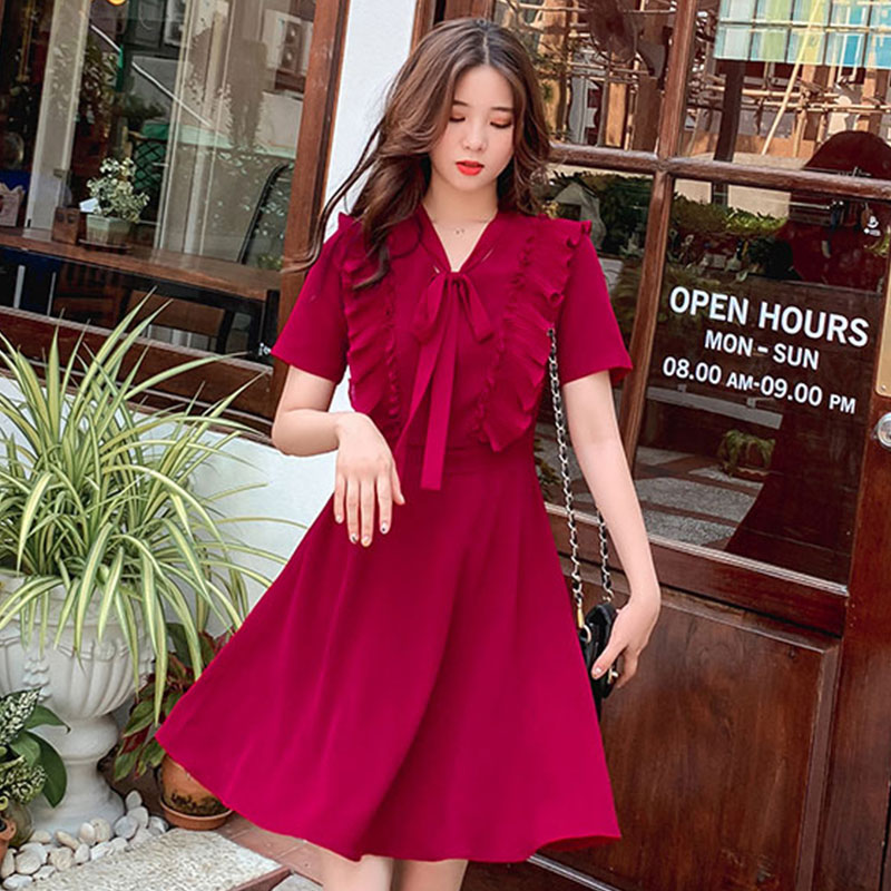 显瘦短袖小红裙桔梗连衣裙