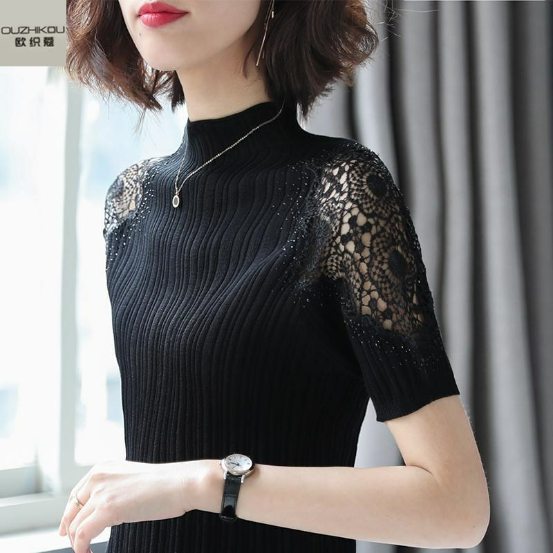 女装蕾丝短袖t恤衫夏秋季新款2021年半袖修身上衣黑色针织打底衫