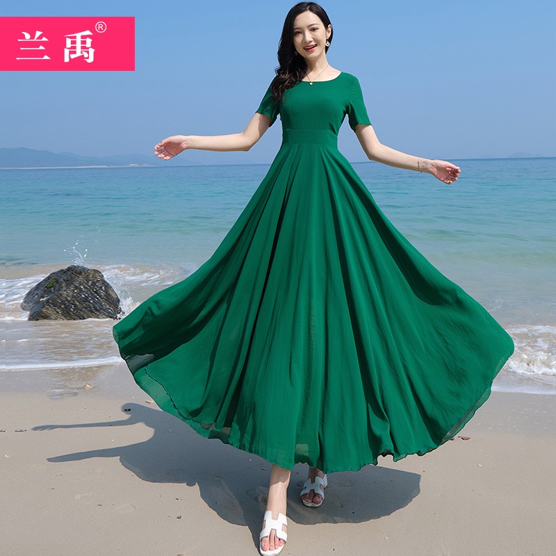 绿色雪纺度假短袖连衣裙女2024夏季温柔风显瘦大摆短袖长裙到脚踝