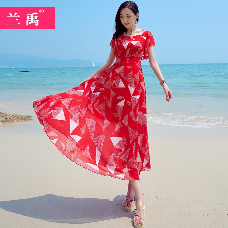 红色印花雪纺连衣裙夏及踝超长款