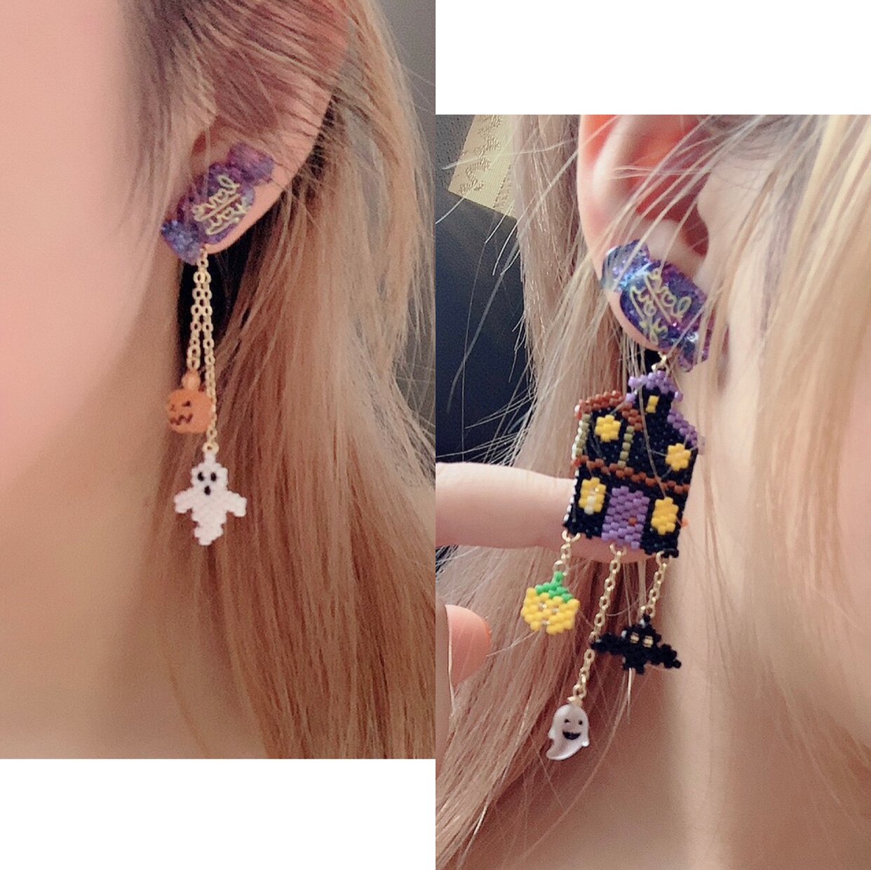 串珠万圣节耳钉日本南瓜不对称耳环糖果耳夹miyuki珠绣材料包视频
