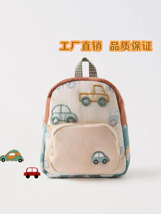 Z新品小汽车刺绣双肩包男女童幼儿园书包可爱拼色出游双背包旅行
