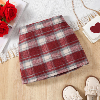 女童半身裙毛呢红格包臀裙中大童