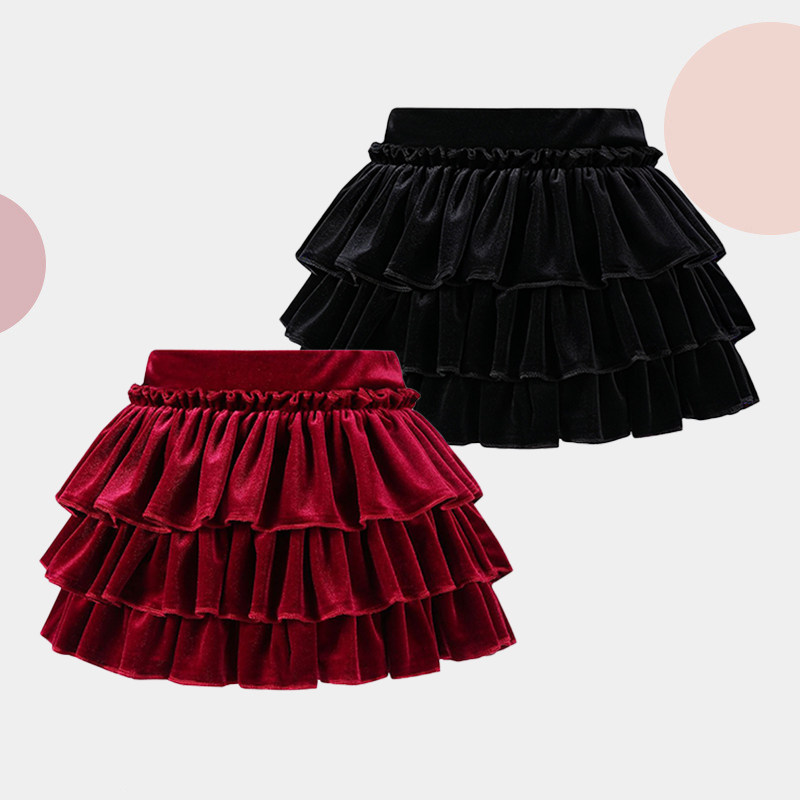 女童丝绒蛋糕裙宝宝新年红色半身裙子秋冬儿童蓬蓬百褶裙黑色大童