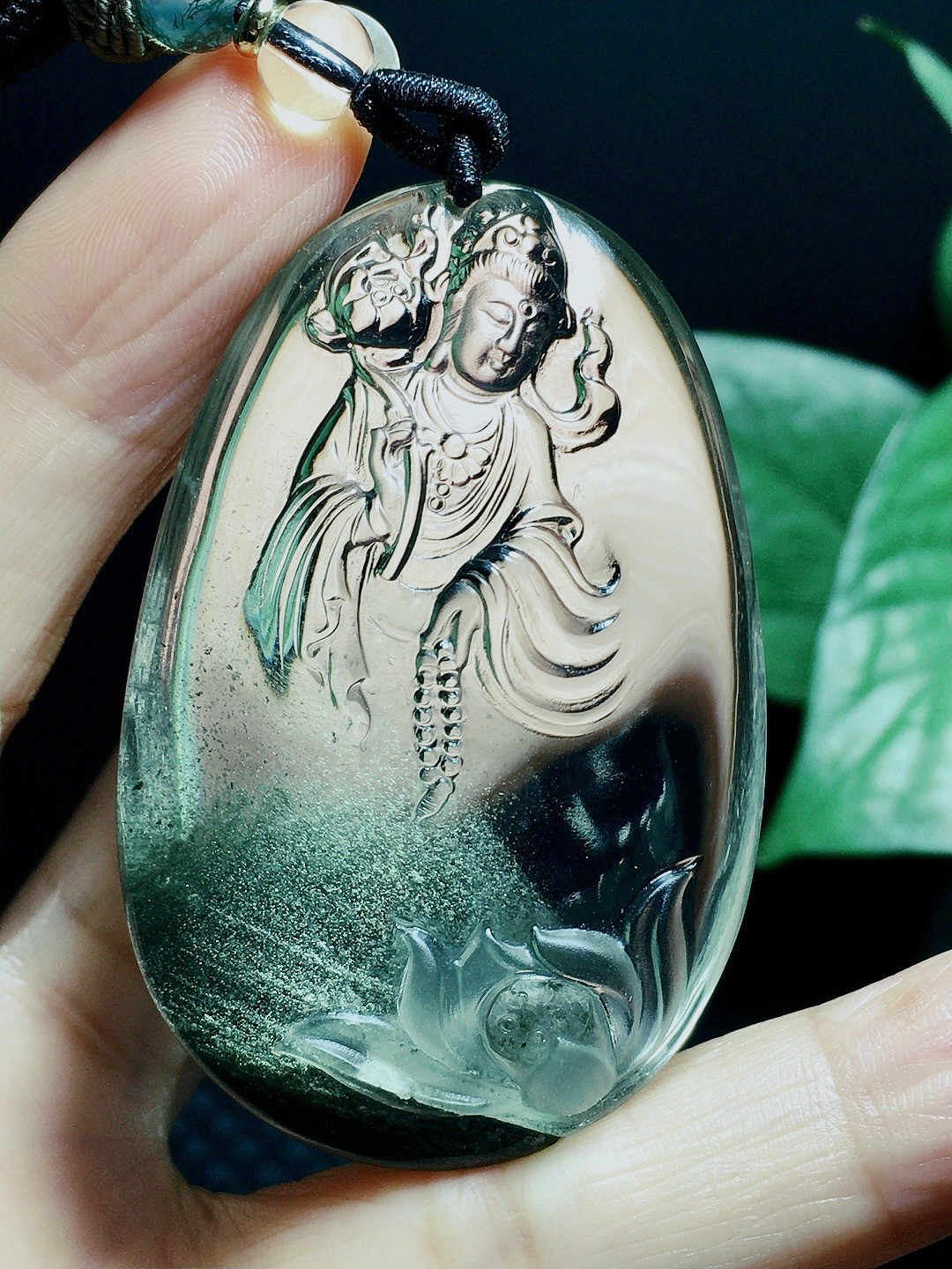 天然绿幽灵莲花观音吊坠