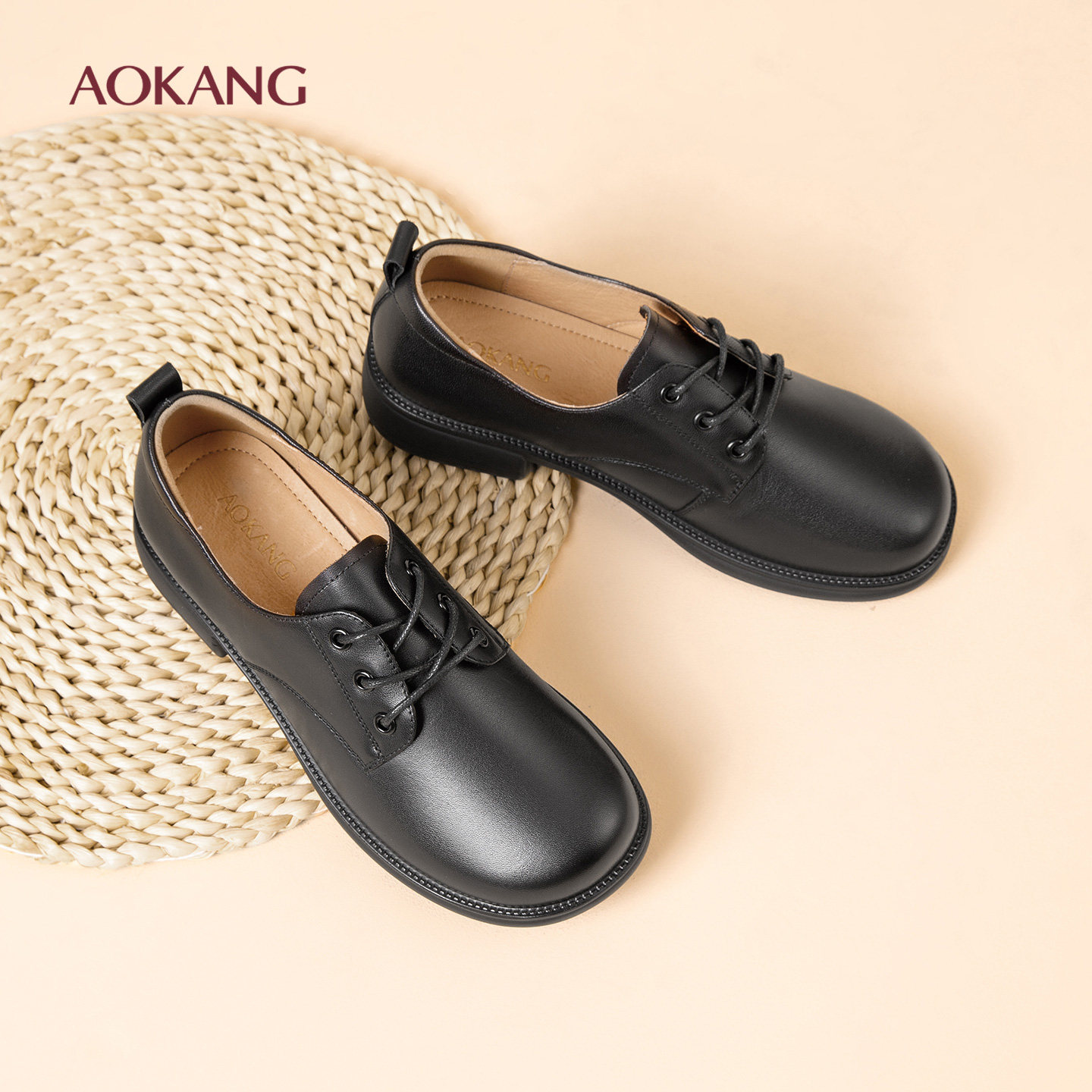 奥康女鞋2026春季新款系带粗跟乐福鞋真皮软底妈妈鞋通勤工作单鞋,女鞋,深口单鞋,淘宝优惠券,粉丝福利购,淘宝优惠卷