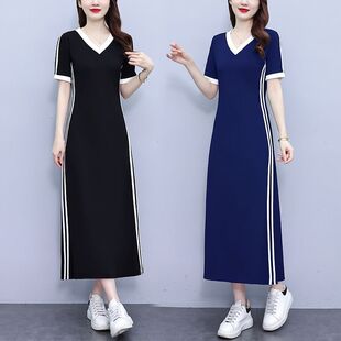 夏收腰显瘦V领运动休闲连衣裙女超长款过膝洋气减龄T恤长裙到脚踝