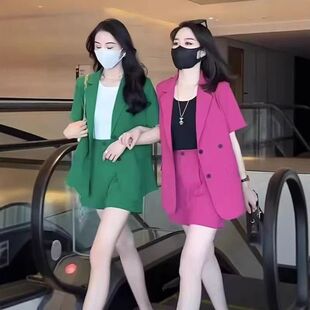 大码胖mm夏季高级感减龄气质短袖西装套装女轻熟风西服短裤两件套