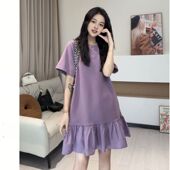 连衣裙女夏季 特大码 300斤胖妹妹木耳边拼接短袖 慵懒风宽松T恤裙潮