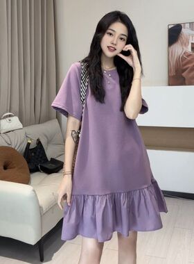 特大码300斤胖妹妹木耳边拼接短袖连衣裙女夏季慵懒风宽松T恤裙潮