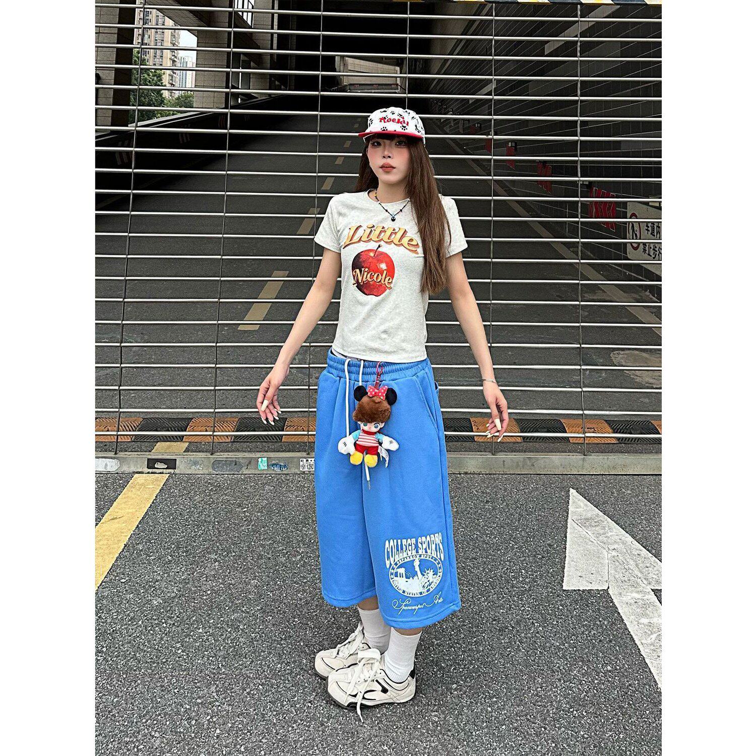 美式慵懒做旧字母印花阔腿七分裤男女宽松休闲运动风松紧腰显瘦潮