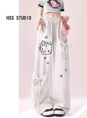 日系hellokitty灰色休闲裤女秋冬爆款2025新款宽松垂感直筒拖地裤