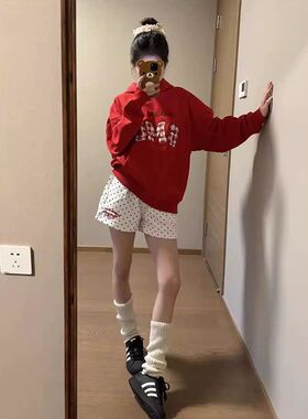白色波点运动短裤女夏季宽松高腰字母印花居家休闲外穿三分热裤子