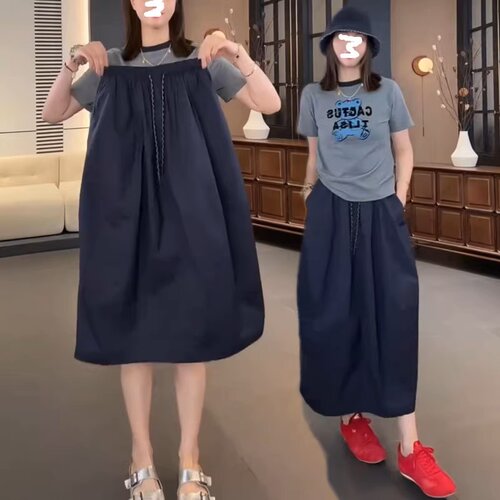 小个子藏青工装花苞裙半身裙女夏季薄款宽松显瘦中长款a字裙150cm