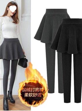 含棉加绒打底裤女外穿假两件百褶裙冬季大码加厚保暖小脚紧身裤子