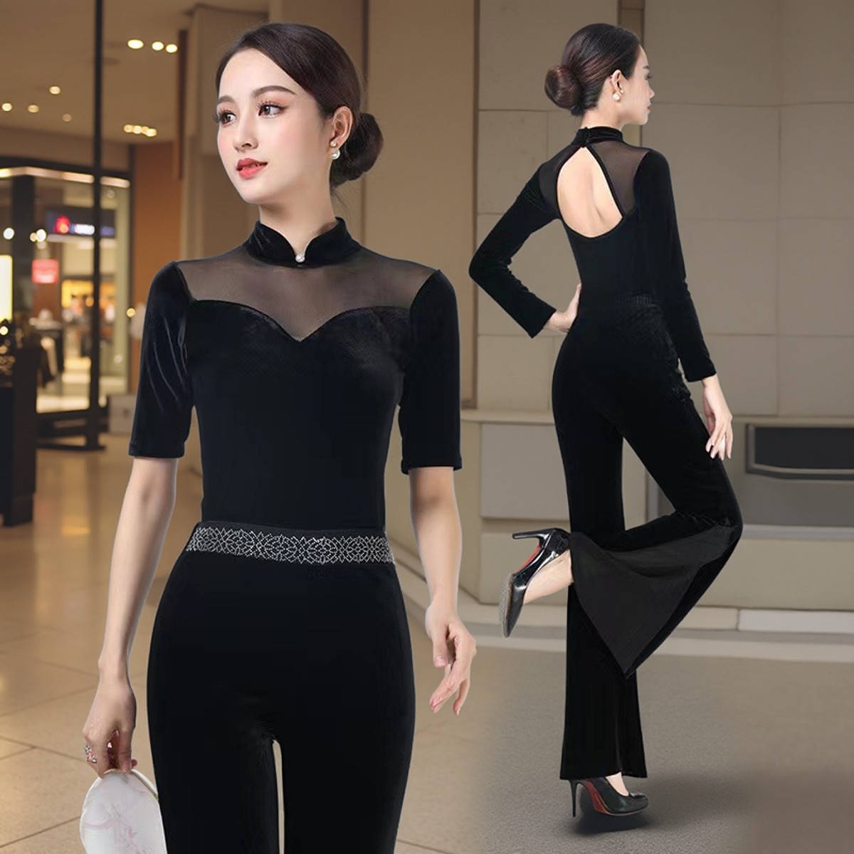 黑色金丝绒形体服套装优雅女款秋冬季修身走秀成人导师现代舞蹈服