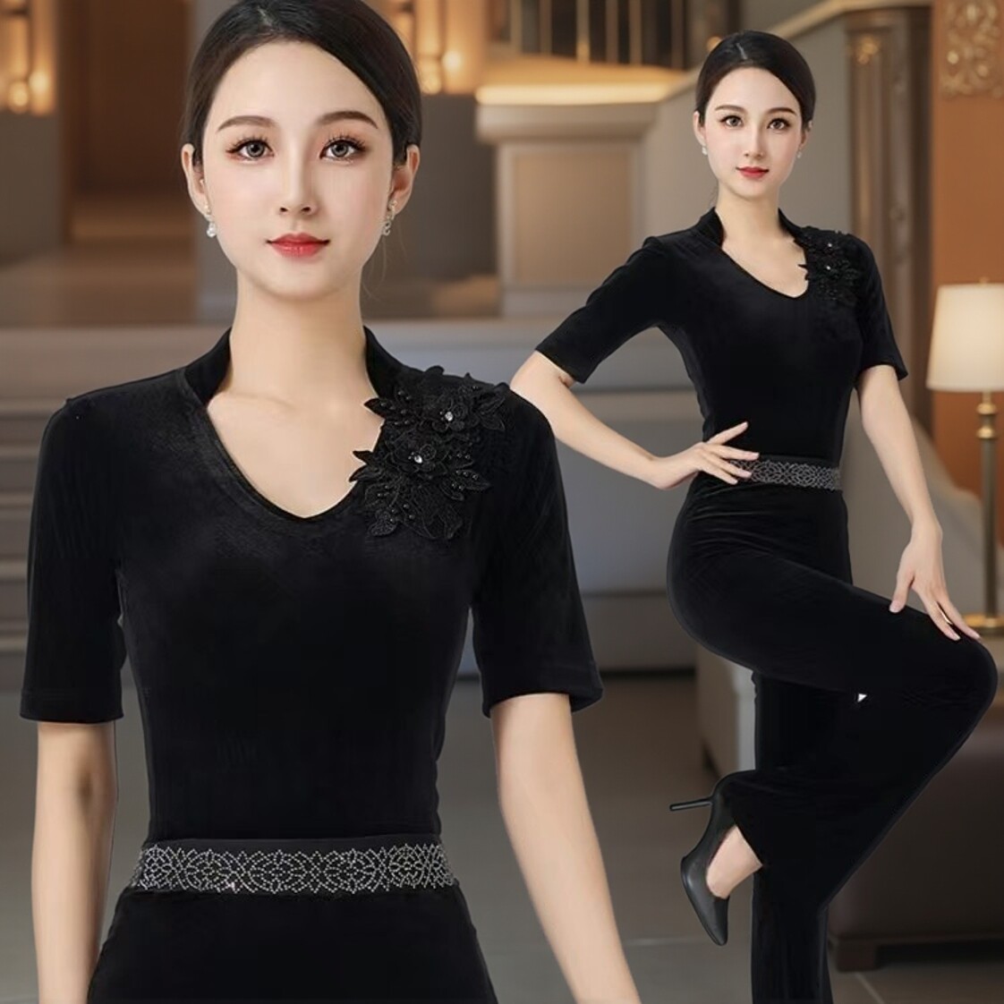 金丝绒形体服套装秋冬季新款高端修身时尚黑色成人中袖导师舞蹈服