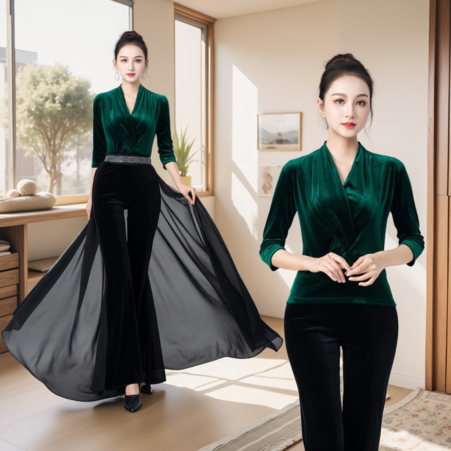 墨绿色金丝绒形体服套装舞蹈服