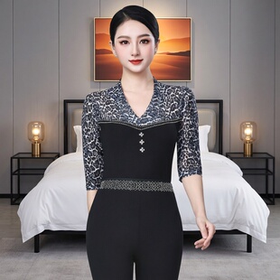 模特走秀导师舞蹈服 莫代尔七分袖 豹纹形体服上衣女连体春夏季 新款