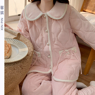 国风棉衣套装 公主风珊瑚绒夹棉袄睡衣女冬开衫 加厚保暖甜美新中式