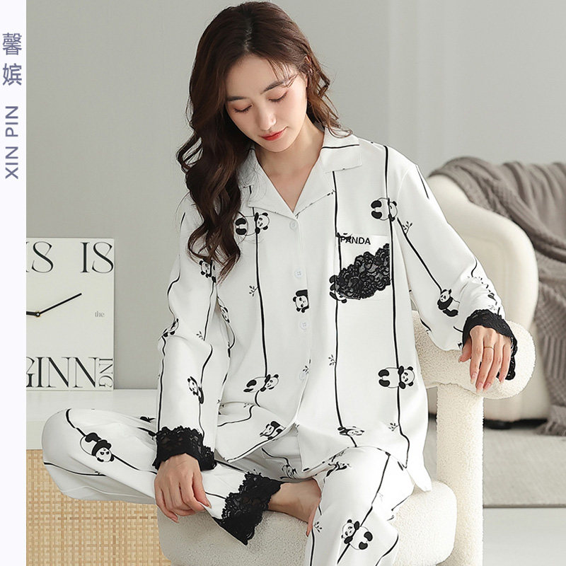 睡衣女秋纯棉长袖长裤开衫大码翻领月子服可爱卡通系扣家居服套装