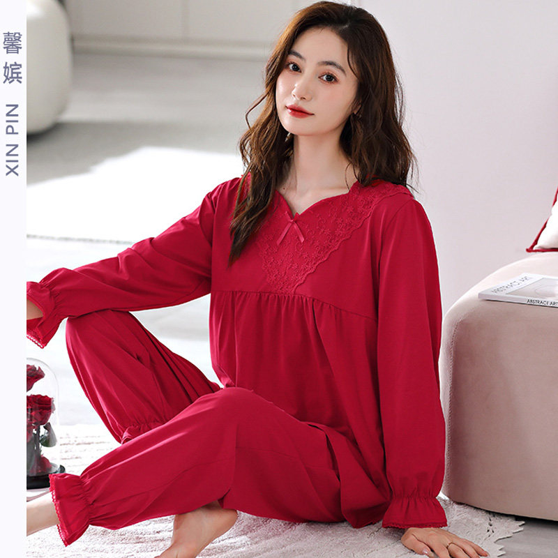 馨嫔女春秋纯棉红色结婚长袖睡衣