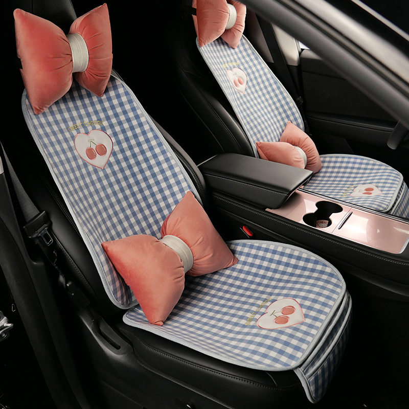 格子樱桃汽车坐垫四季通用亚麻单片女神款座椅套半包透气夏冬季天