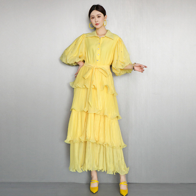 2026春季新款法式复古灯笼袖荷叶边蛋糕连衣裙女钉珠显瘦气质长裙,女装/女士精品,连衣裙,淘宝优惠券,粉丝福利购,淘宝优惠卷