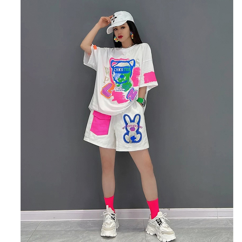 2026 秋季新款时尚套装休闲运动印花T恤短裤两件女