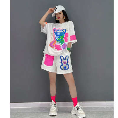 2026 夏季新款时尚套装休闲运动印花T恤短裤两件女