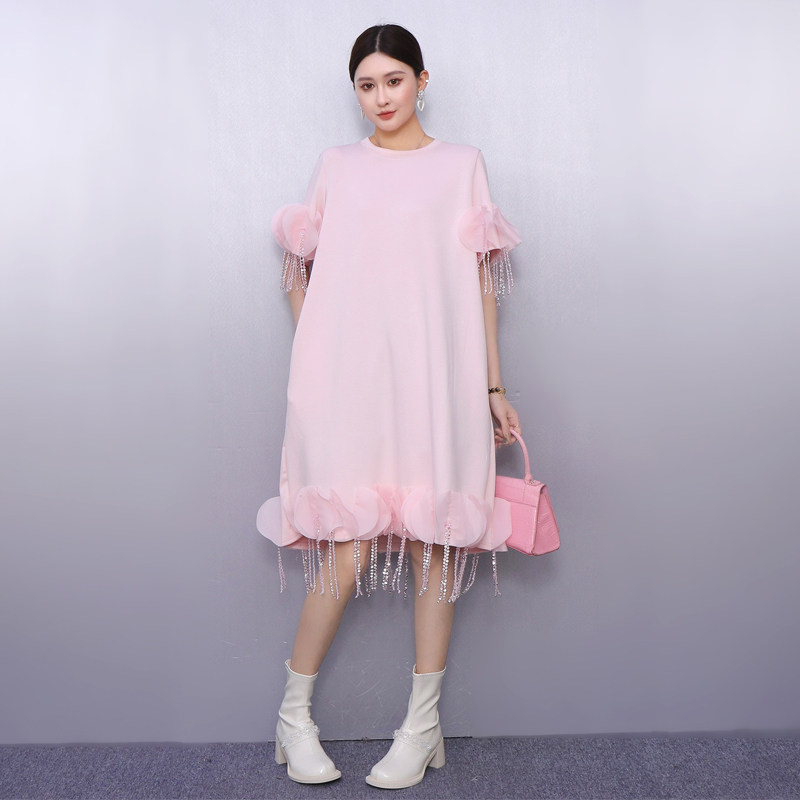 2026春新款女长T恤流苏花瓣袖连衣裙卫衣中长款设计感显瘦温柔