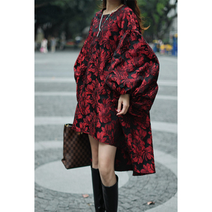 春新款 中长裙女装 提花连衣裙不规则泡泡袖 贵气华丽大码 时尚 2026