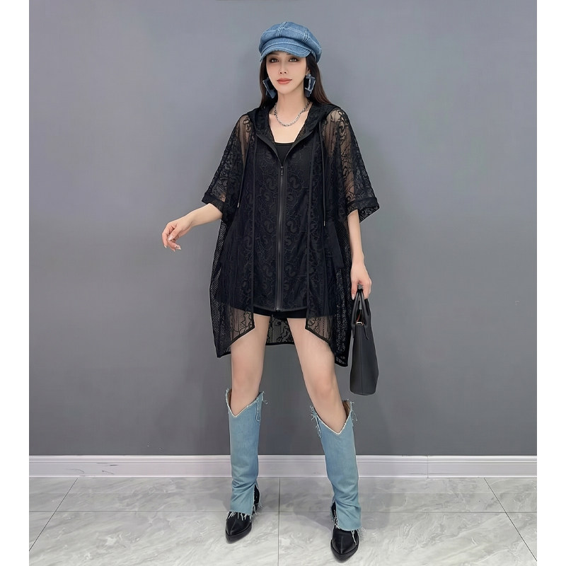 设计感时尚蕾丝镂空防晒衣女连帽中长款透视罩衫个性薄外套宽松