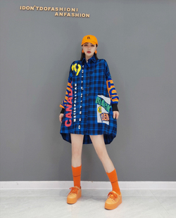 新款 女装 时尚 宽松休闲格子衬衣中长款 衬衫 2026春季