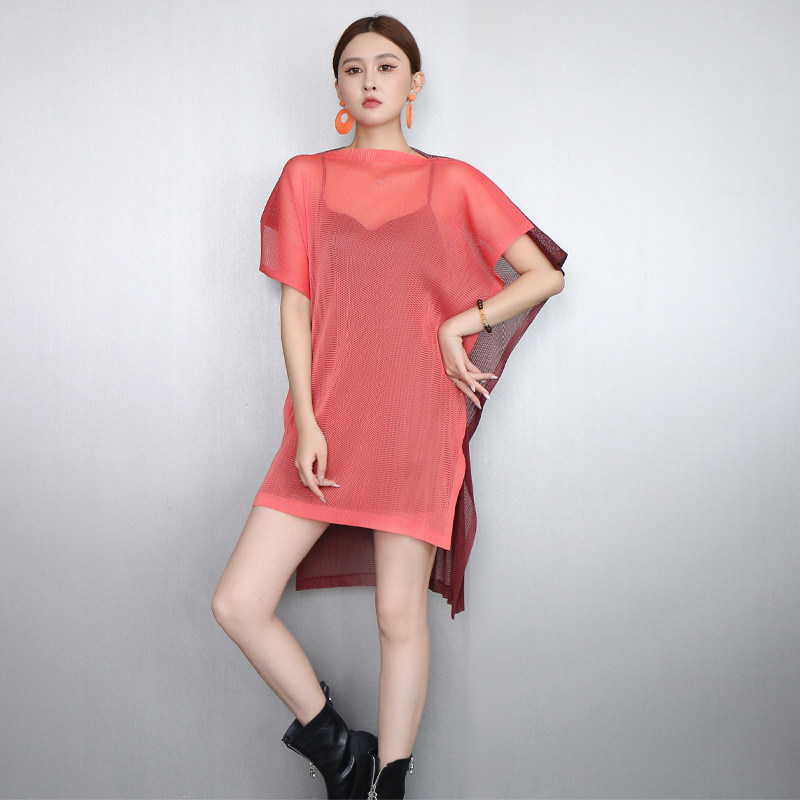 时尚拼色短袖网眼T恤女宽松透视网纱不对称设计感中长款罩衫上衣