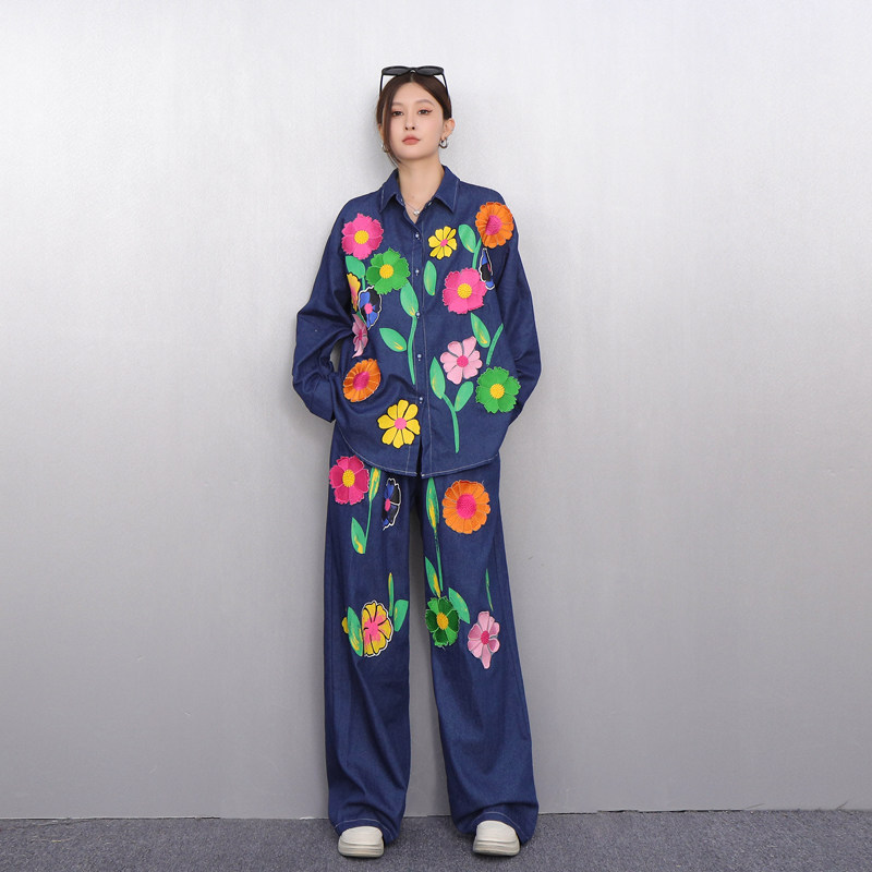 小众设计感2025秋新款女牛仔套装宽松大码印花衬衫阔腿长裤两件套,女装/女士精品,时尚套装,淘宝优惠券,粉丝福利购,淘宝优惠卷