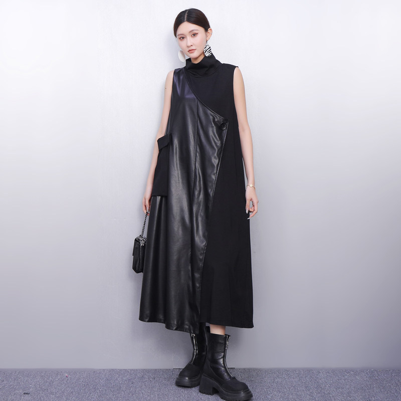 设计感2026春新款女连衣裙宽松拼接PU无袖背心裙时尚显瘦休闲复古